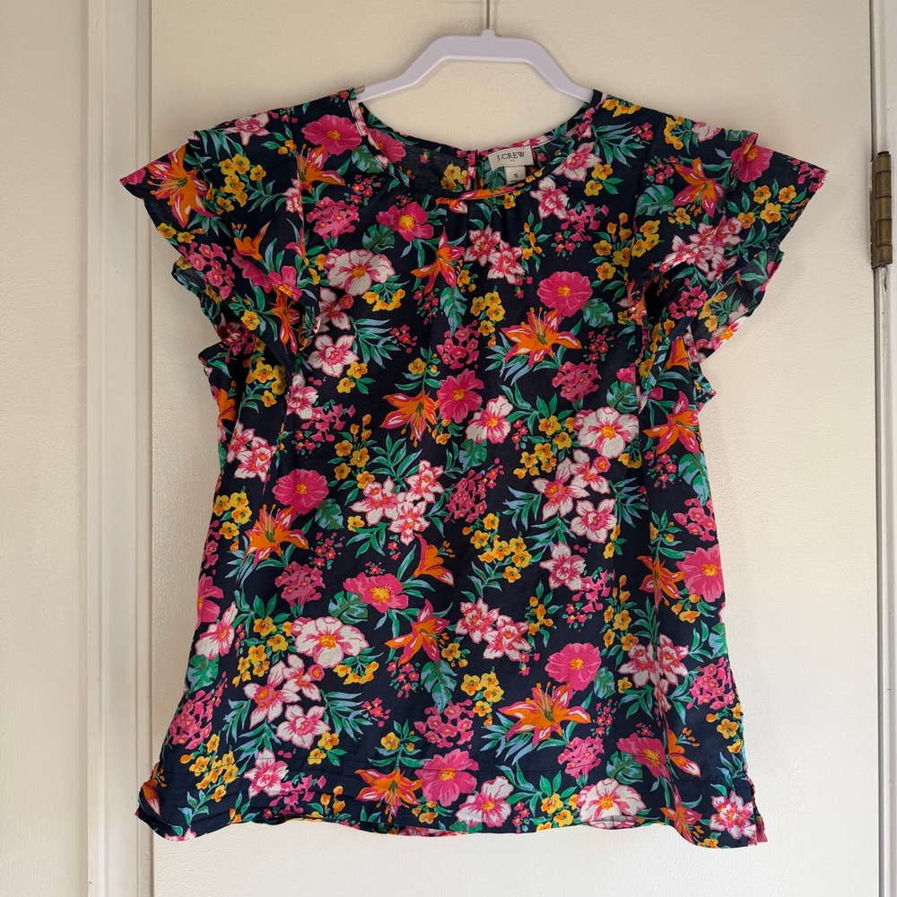 J.Crew Womens Navy Blue Floral Flutter Sleeve Cotton Top Size S Tropical Print